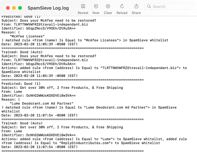 Screenshot SpamSieve log 2023-02-20 at 11.27.46 AM